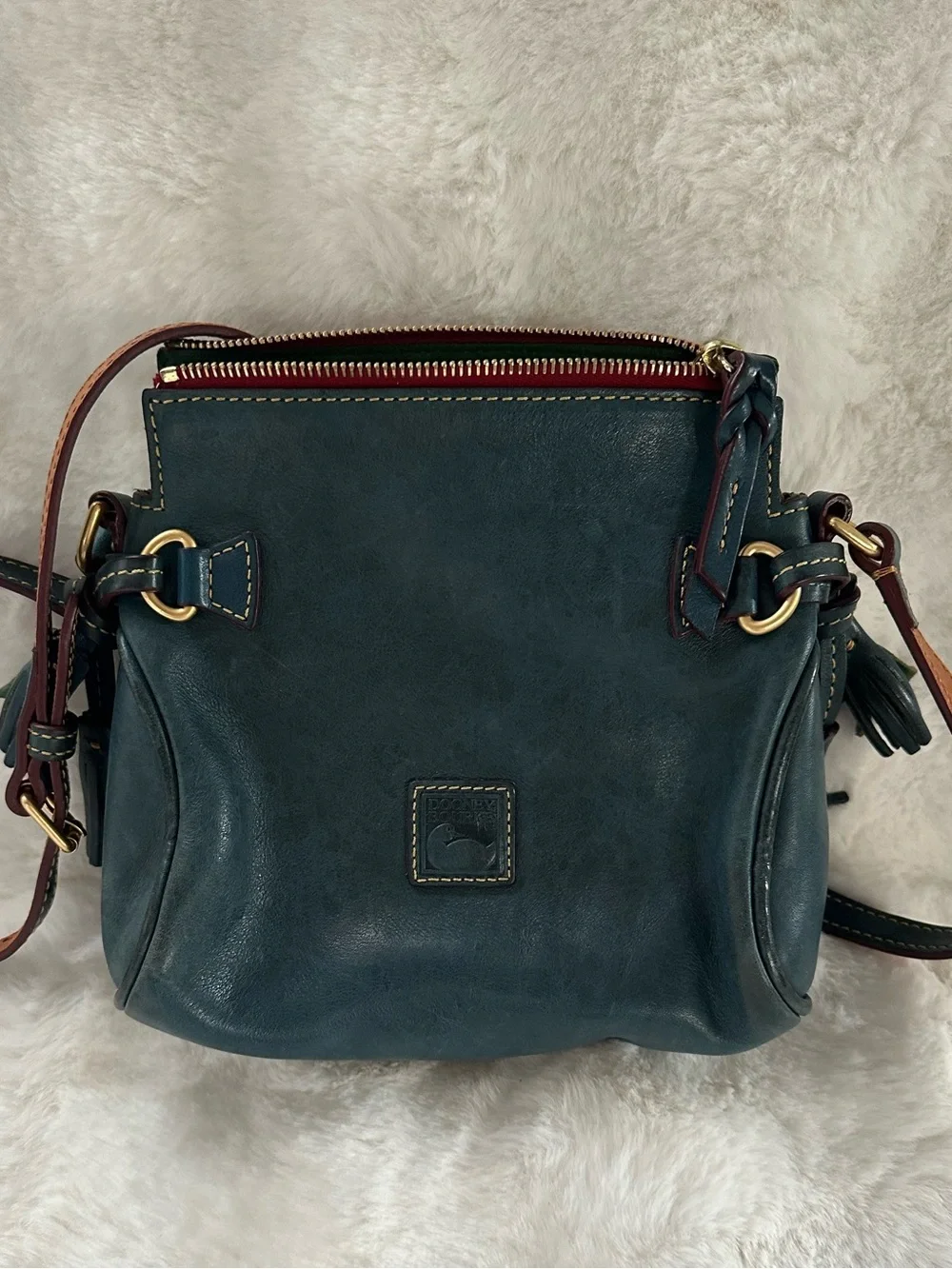 SOLD — DO NOT BUY. Dooney & Bourke Teal and Burgundy Leather Crossbody Bag - Picture 1 of 5